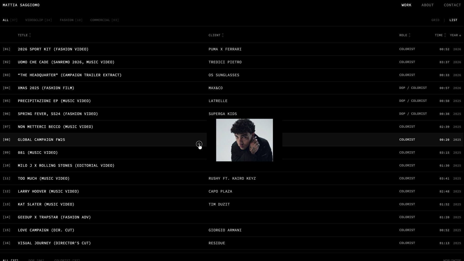 Work — list view with floating thumbnail